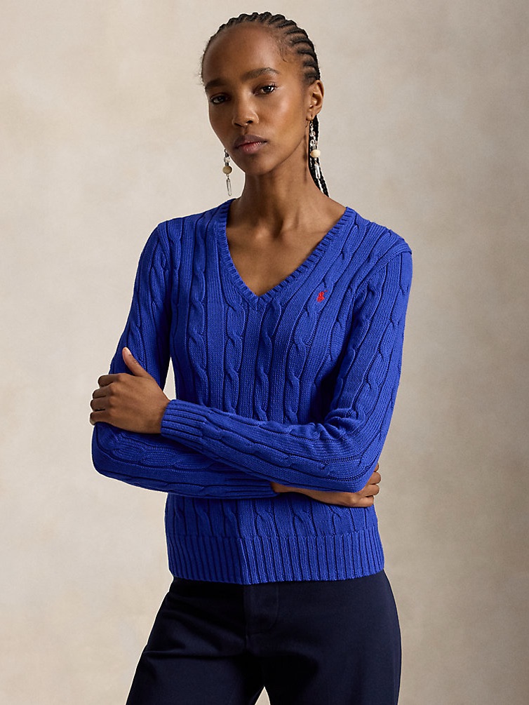 Polo By Ralph Lauren Women's V-Neck Cable Knit Sweater - Cobalt Blue